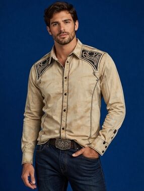 Vtg ROAR Beige Crystal Clear Embroidered Distressed Rockabilly Western Shirt